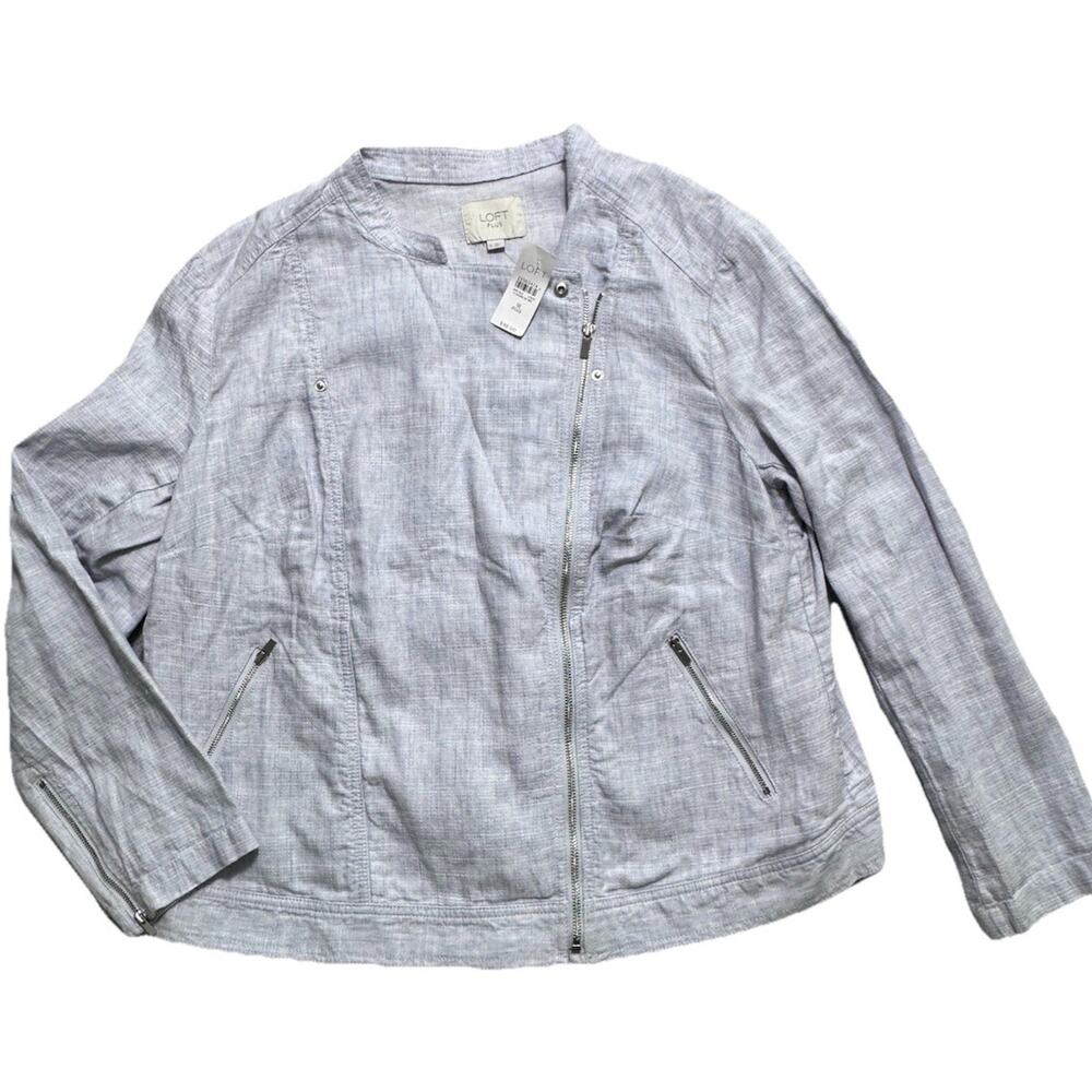 New Loft Blue Linen Blend Moto Zip Jacket Womens 18 Plus NWT Preppy